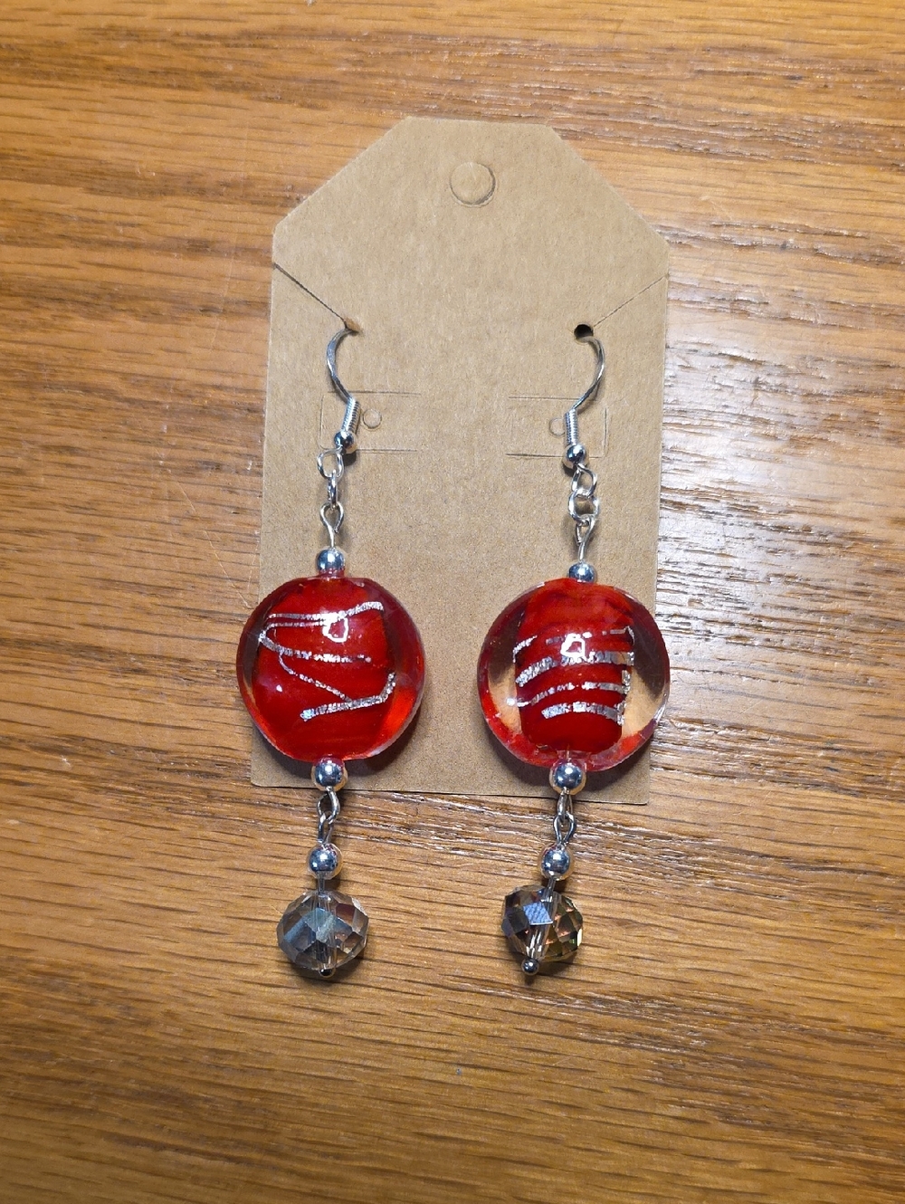 Handmade Red Glass Drop Earrings with Silver Accents